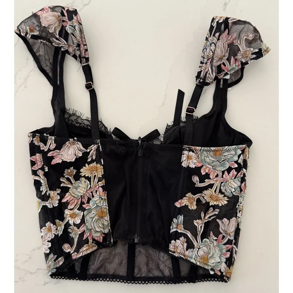 Victoria's Secret Dream Angels Black Floral Embroidery Corset Bustier Top SizeXS